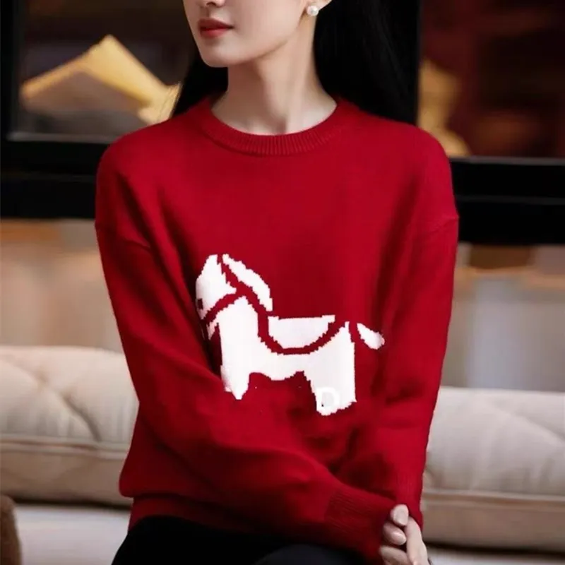 Pony pattern sweater women's spring and autumn round neck pullover festive Joker sweater