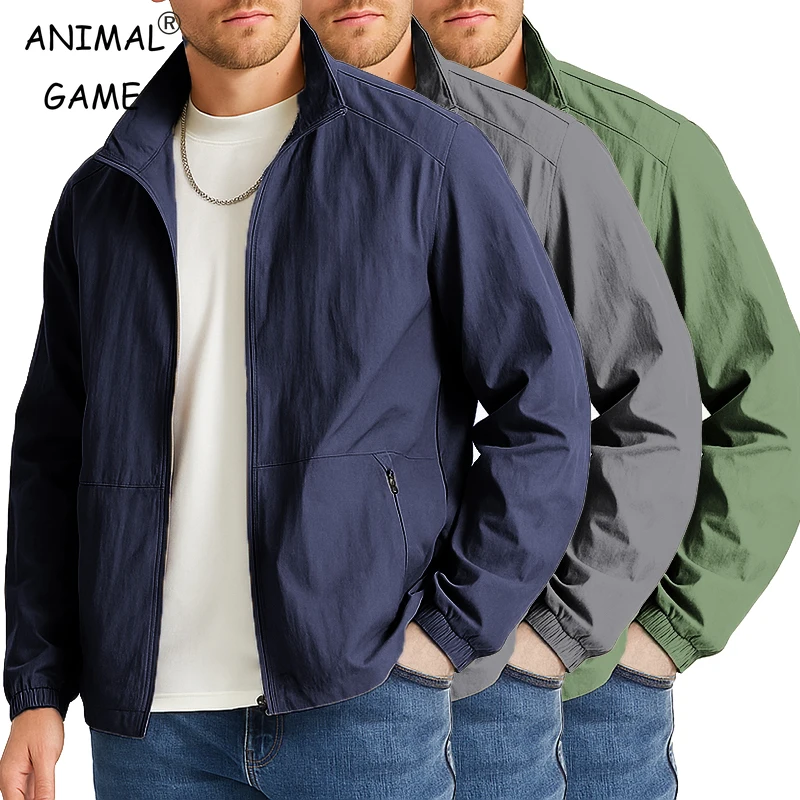 

Мужская спортивная куртка с длинным рукавом, легкие куртки на молнии с отложным воротником, деловая повседневная ветровка с карманами