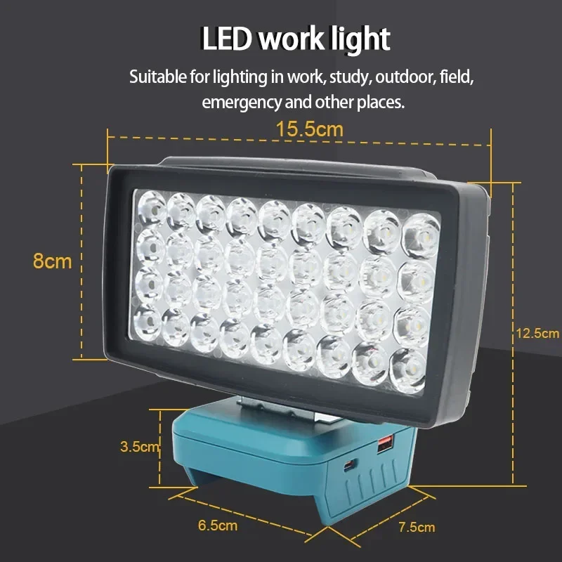 36 Beads LED Car Work Light Flashlight Torch USB Power Bank For Makita For DeWalt  For Bosch For Milwaukee 18V20V Li-ion Battery