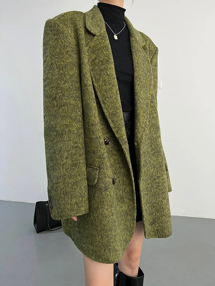 kiesza lyte 2024 Autumn Winter New Fashion Vintage High Quality Green Wool Blazers woolen Jacket Long Coats Women Сукно-пальто