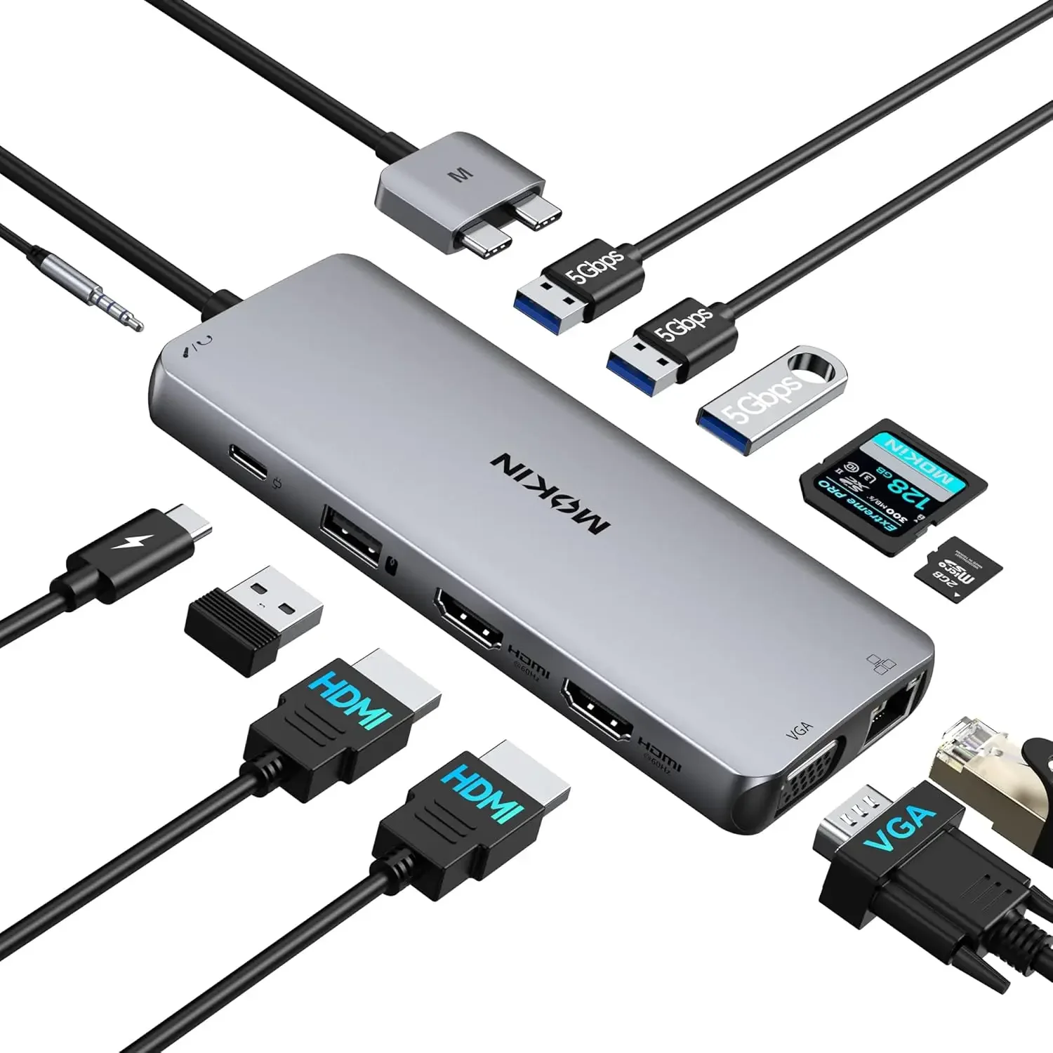 12-in-1 USB-C Docking Station for MacBook Pro/Air, Dual HDMI, VGA, Ethernet, 4 USB Ports, SD/TF Card Reader, 100W PD