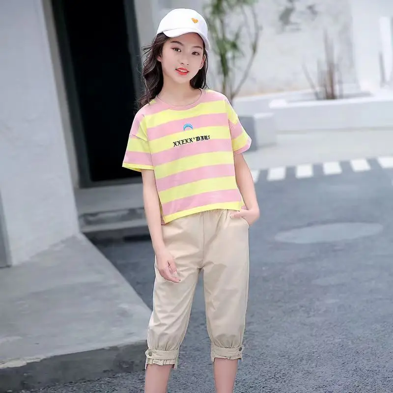 Kids Girls Clothes Sets Summer Fashion Sport Short Sleeve Stripe Shirts + Pants 2PCS Tracksuit Children Clothes Teen 6 8 10 12 Y