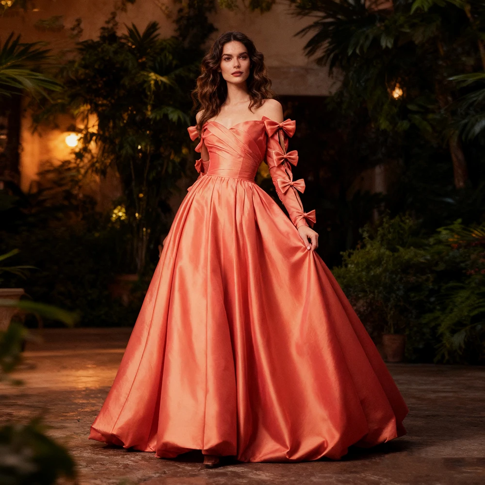 

Elegant Satin Women's Evening Dress Long Sleeves Pink Formal Reception Dress for Photo Shoot Weddings Dresses Bridal Ball Gowns