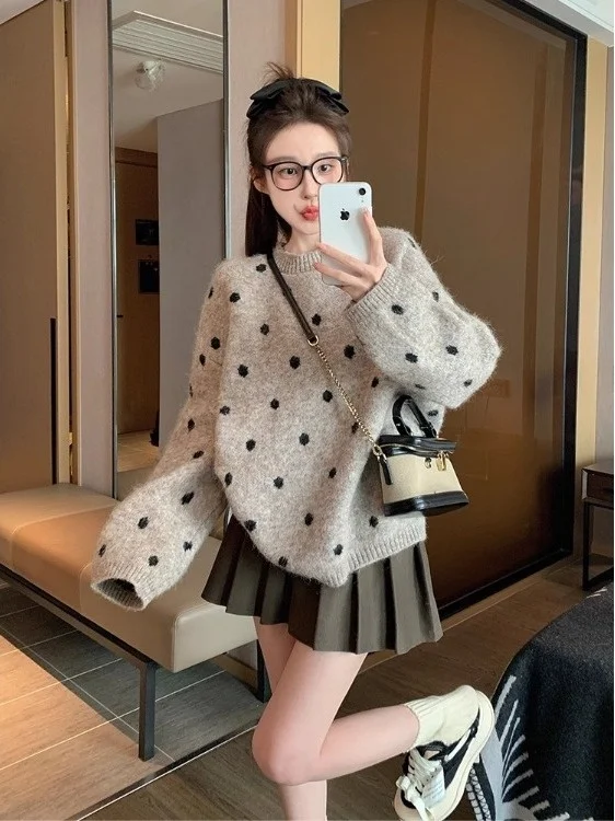 

Retro Spotted Color Blo Long Sve Knitted Sweater Women's Loose Fit Thiened Soft Sle Autumn Winter New Arrival
