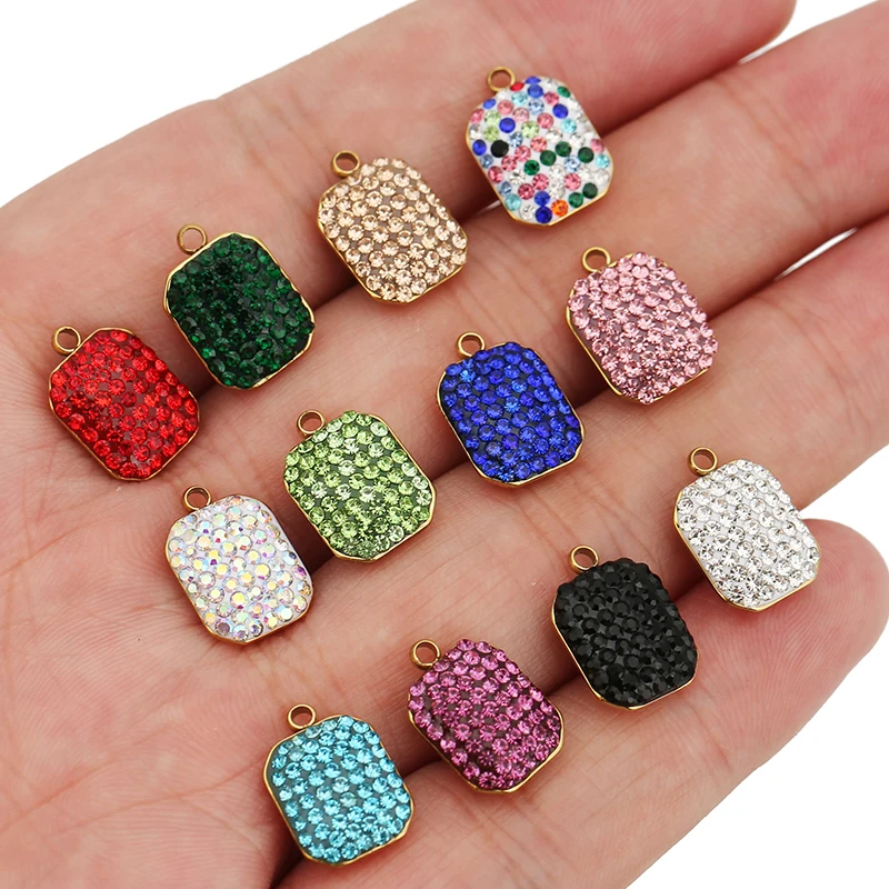 5pcs/lot Stainless Steel Rectangle Colorful Rhinestone Charms Pendants for Jewelry DIY Earring Necklace Bracelets Key Making