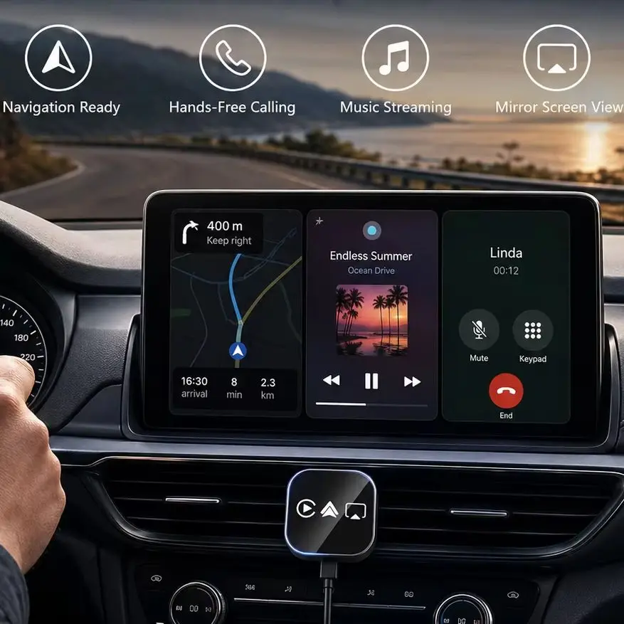 2026 Upgrade 4-in-1 Kabelloser CarPlay-Adapter für Apple Mirror Link Android Auto Verbindung WiFi Bluetooth USB Plug & Play Mini CarPlay