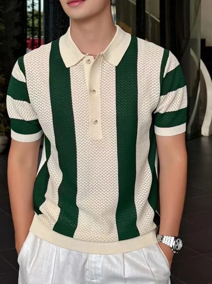 Summer Men's Knitted  Shirt Hollow out Slim Fit Short Sleeve Turn-down Collar Luxury Style Polyester Fiber Casual Top