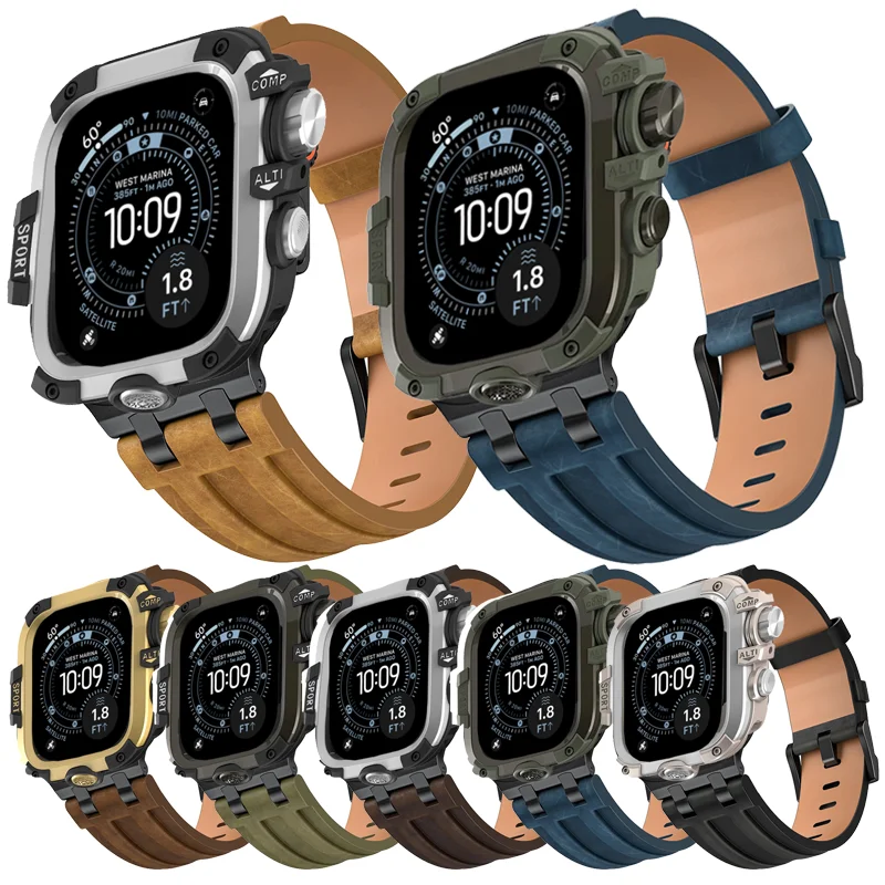 

Кожаный ремешок + металлический чехол для Apple Watch, ремешок 49 мм, 46 мм, 45 мм, 44 мм, мужской стильный браслет для IWatch Ultra 3 Series 11 10 9 8 7 6 5