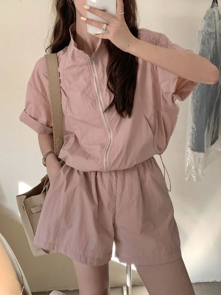Casual Sports Suit Women Running Sets Stand Collar Loose Long-sleeved Sunscreen Jacket Top Shorts Women Two-piece Set Sportswear