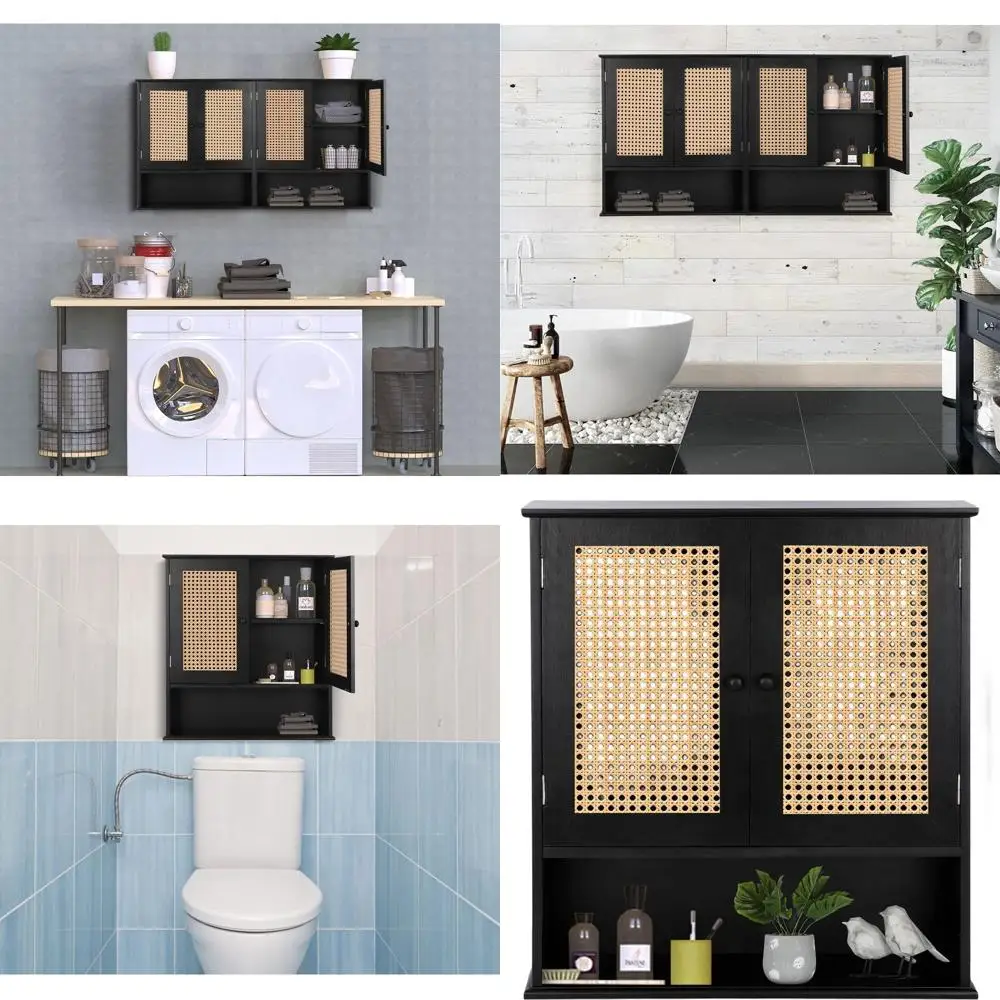 

Bathroom Medicine Cabinet Wall Mounted,Black Rattan Storage Towel Cabinet for Bathroom Storage Over The Toilet, Floating Hanging