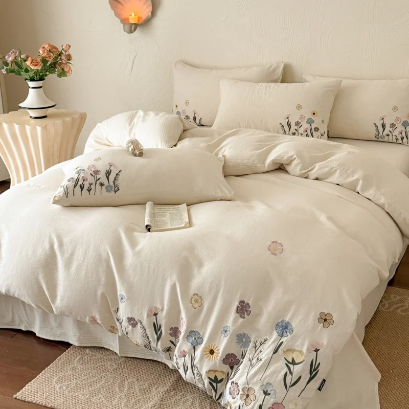 Luxury Flower Embroidery 600TC Egyptian Cotton Soft Bedding Set Queen King Duvet Cover Bed Sheet/Fitted Sheet Pillowcases 4Pcs