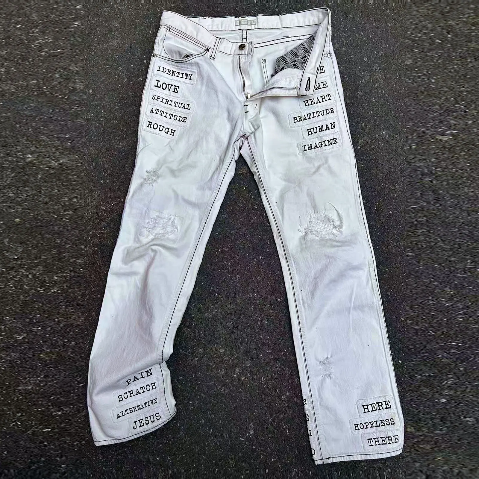 

NumberNine Sle Distred Patchwork Poetic Slogan White Denim Jeans Casual Loose Fit Summer Jeans for Teenage Boys