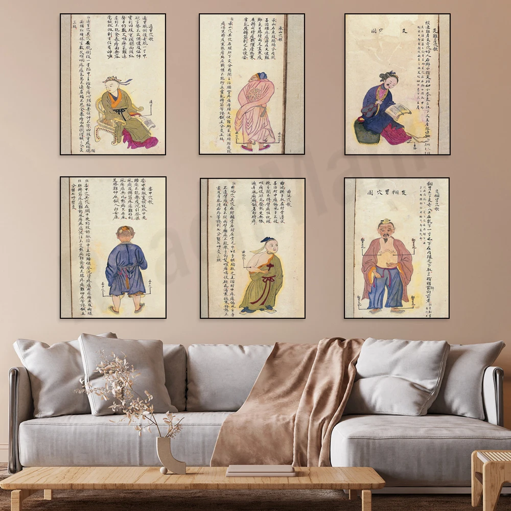 Chinese medicine moxibustion acupuncture point print, Hegu, scrofula point, Chengshan, traditional Chinese medicine poster art