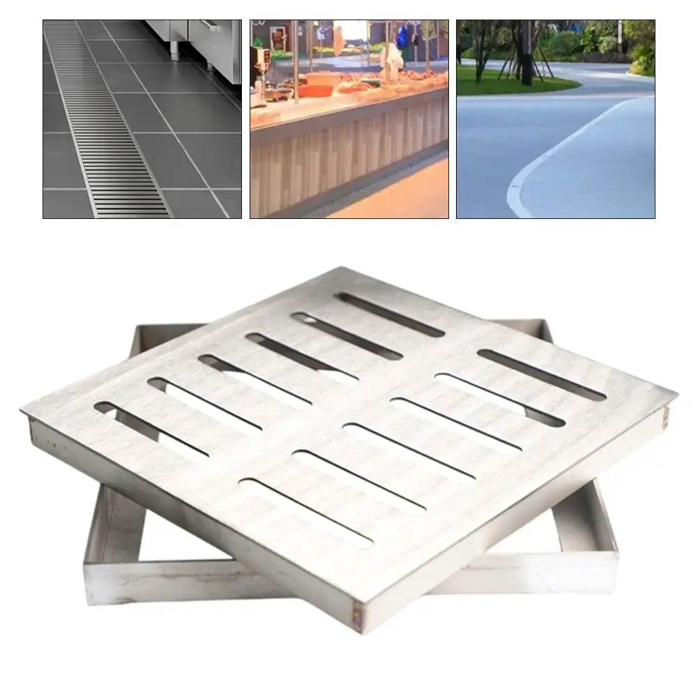 1pc Stainless Steel Drain Grate Outdoor Drainage Cover Channel Grate Double-row Hole Rainwater Floor Drain With Frame