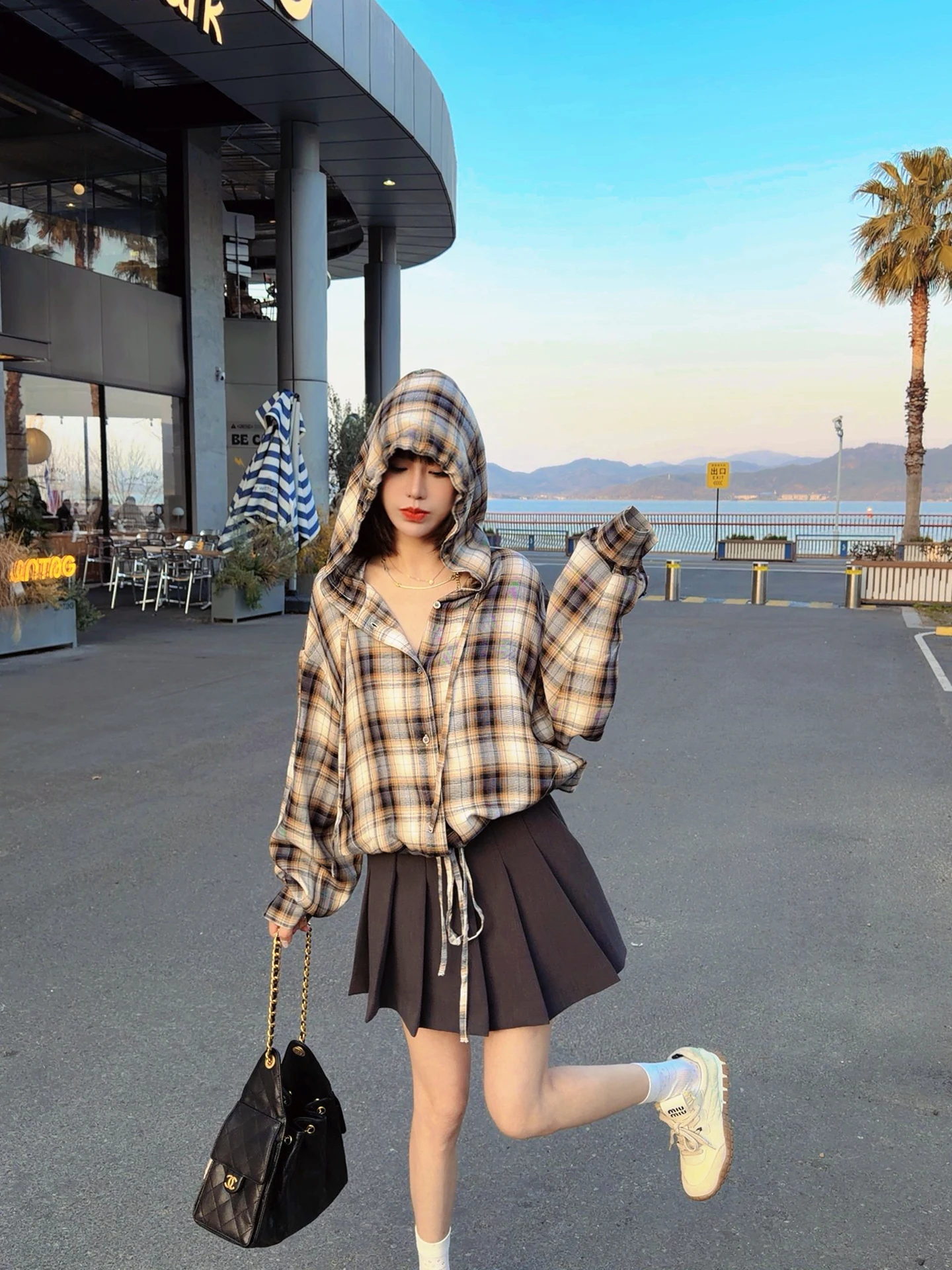 

Retro Plaid Color Blo Slim Fit Hooded irt Jaet ASBR Goods Salt Or Sweet Sle Long Sve Women's Spring Faion