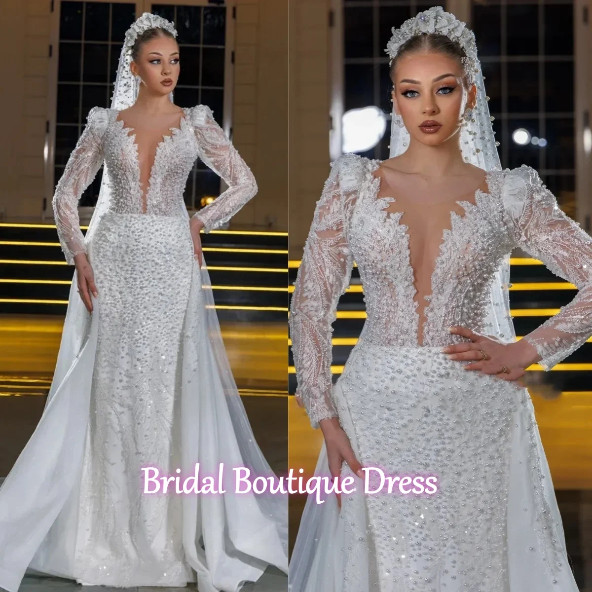 

Luxury Sparkling V-neck Princess Wedding Dress Exquisite Pearl Long Sleeve Mermaid Wedding Dress Detachable Robe Custom