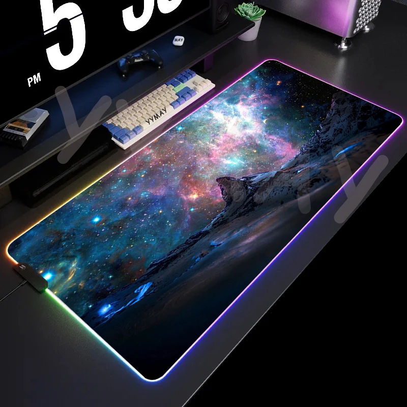 Imagem -03 - Rgb Led Grande Gaming Mouse Pad Céu Estrelado Mousepad Espaço Mouse Mats Almofadas de Teclado Xxl Tapete de Mesa Luminoso Retroiluminado