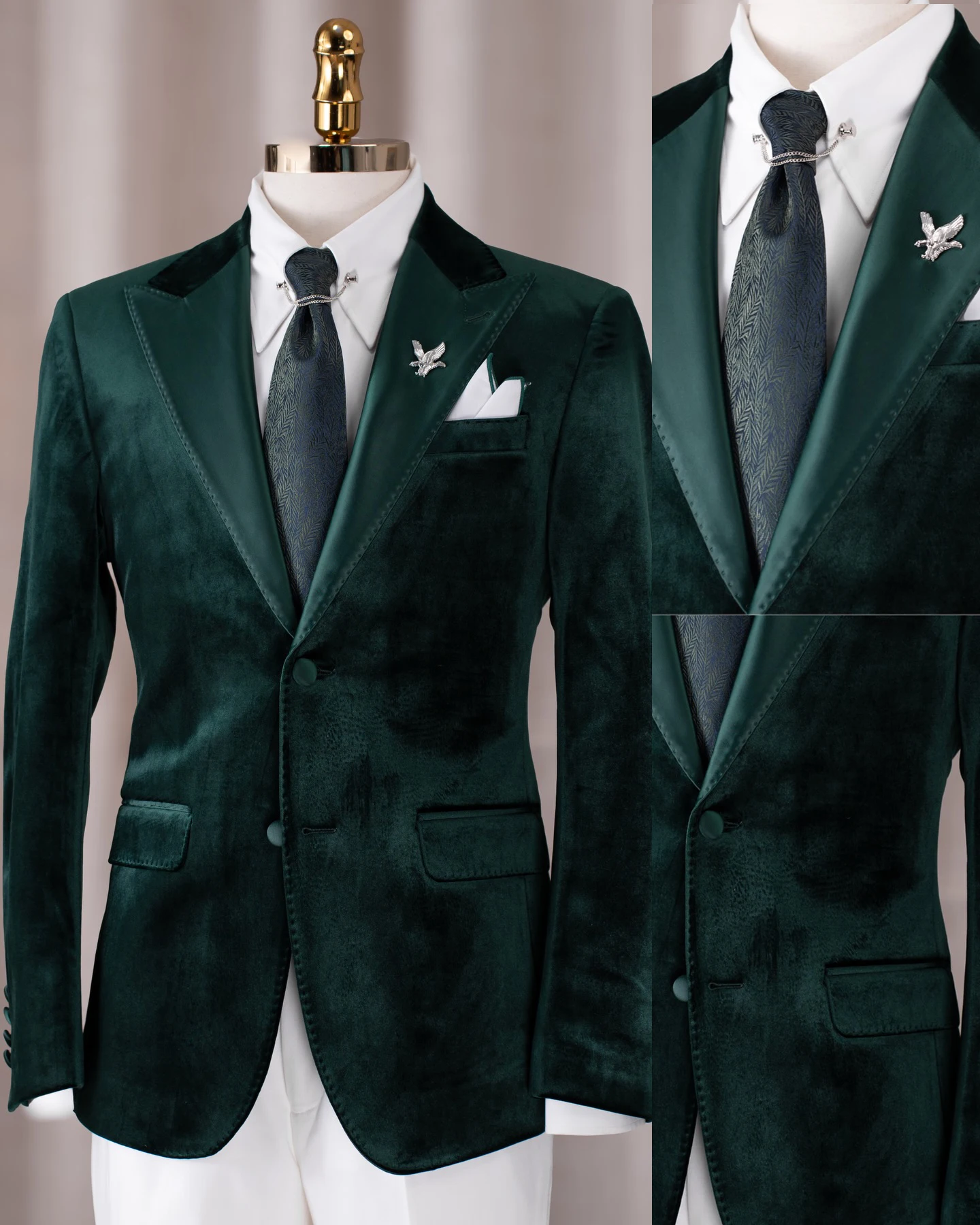 Luxury Emerald Green Velvet Blazer with Silver Bird Lapel Pin and White Pocket Square Men Formal Customized M265888