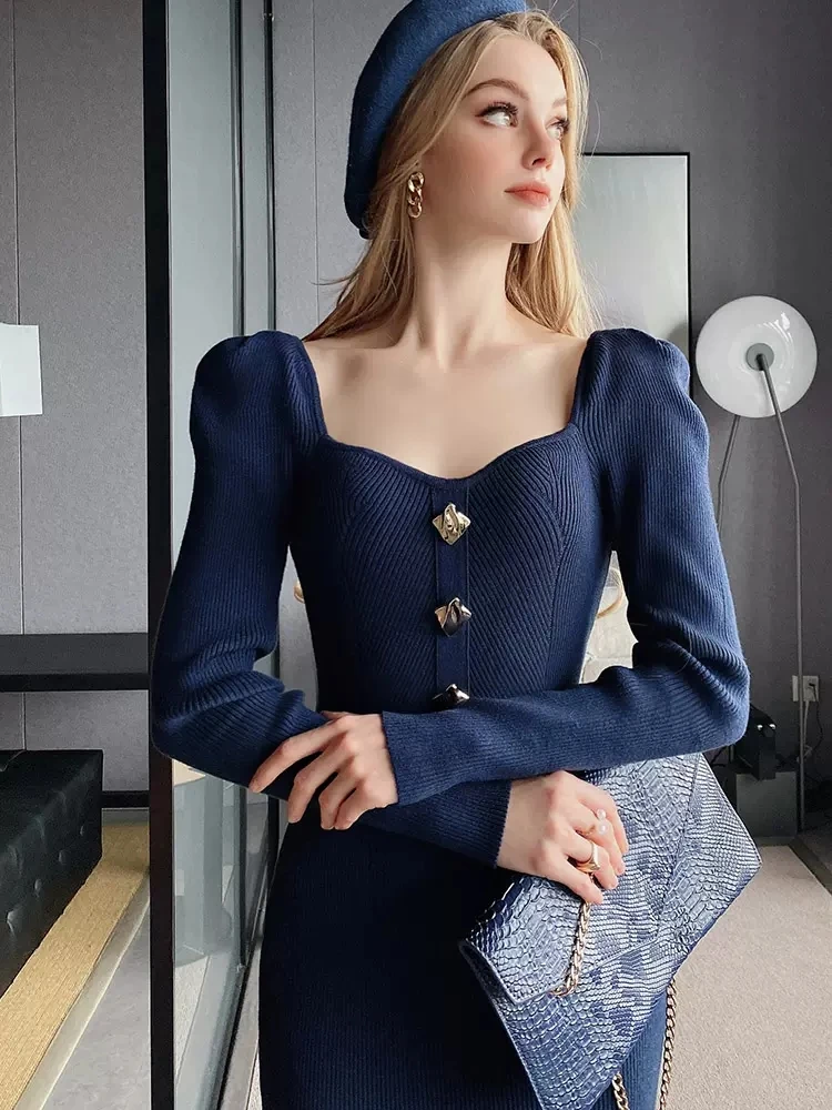 Elegant Women Navy Blue Square Neck Midi Dress Spring 2024 New Long Sleeve Slim Fit Ladies Knited Long Robes With Buttons C-063