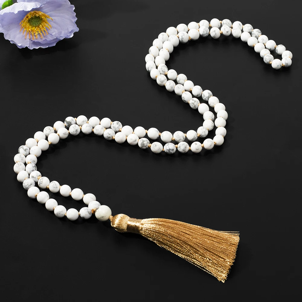 

8mm White Howlite Knotted 108 Mala Beaded Necklace Meditation Prayer Jewelry Japamala Rosary Long Necklace for Men and Women