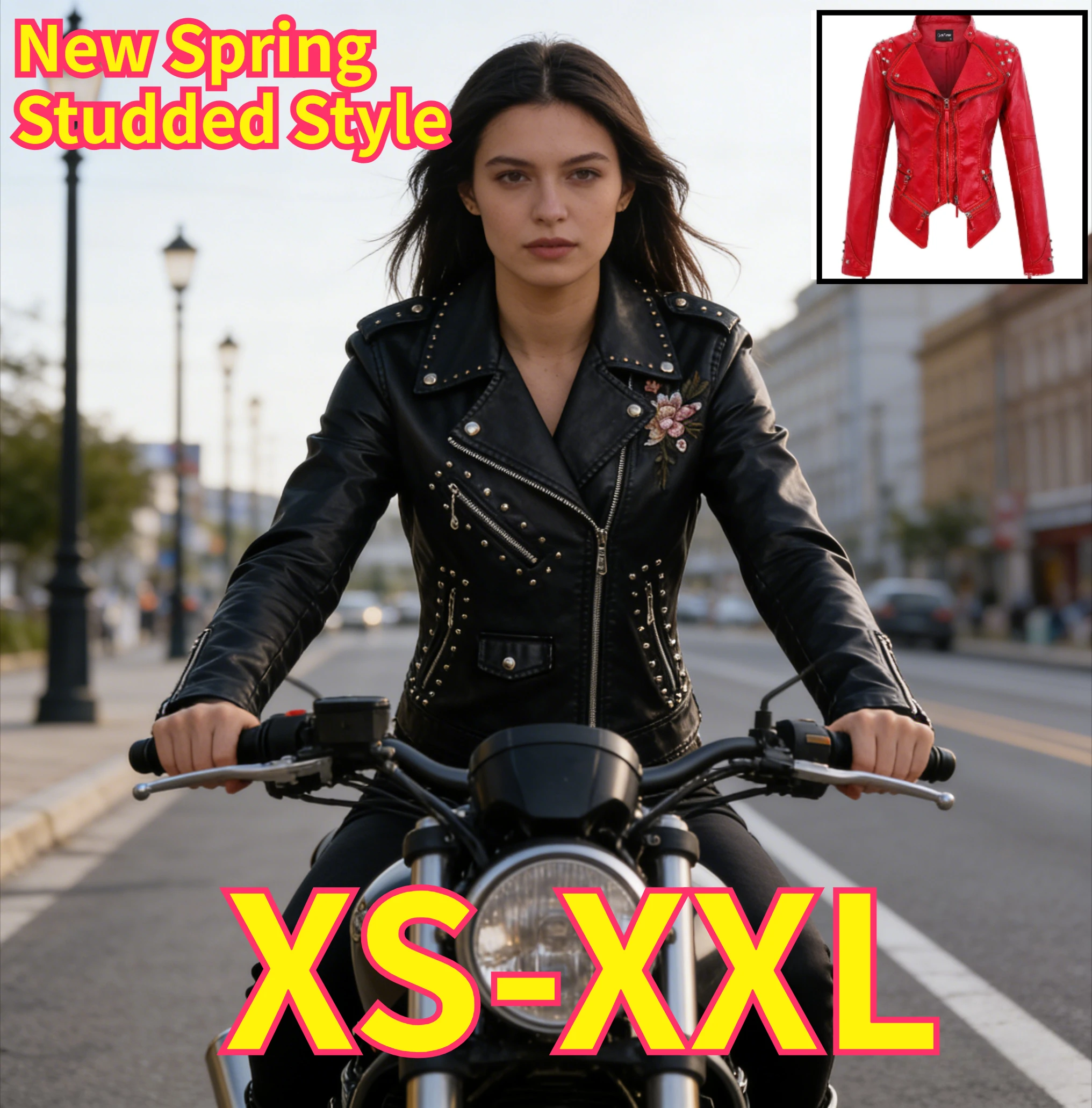 

Women Spring New Arrival Pu Leather Jacket Suit Lapel Embroidered Rivet Waist Slim Short Washed Moto Coat Chaqueta de cuero PU