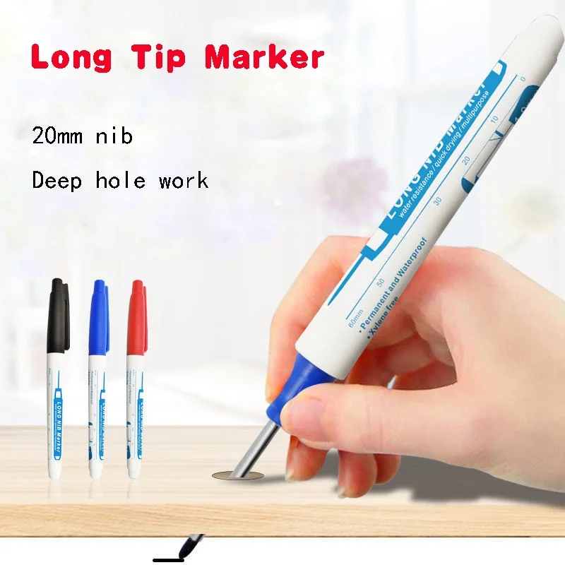 Multi-Purpose Long Nib Head Marker, Caneta de perfuração de metal, Impermeável, Banheiro, Carpintaria, Ferramenta Decor, 20mm Deep Hole, 10Pcs por