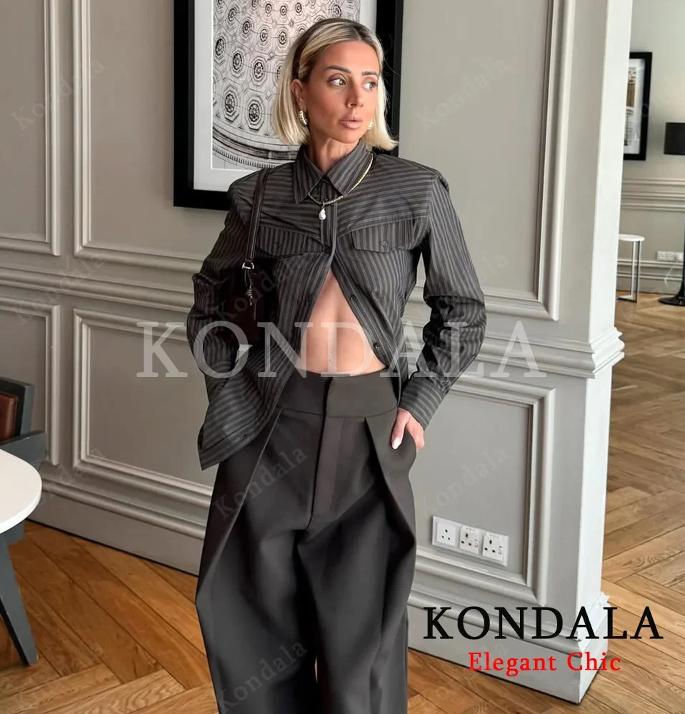

KONDALA женские повседневные полосатые рубашки с карманами и пуговицами, свободные рубашки, топы, весна-осень 2021, модные уличные женские рубашки, топы