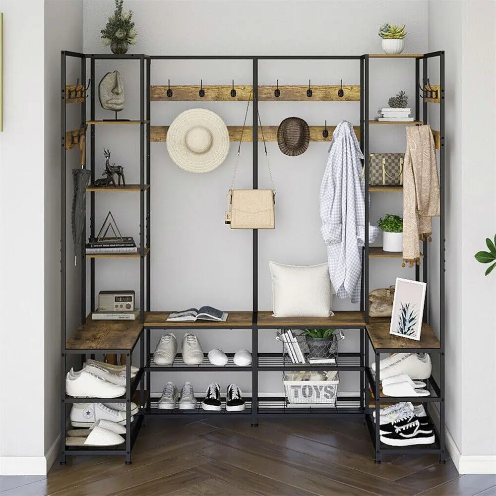 Large Entryway Bench with Coat Rack Hall Tree Shoe Storage Shelves with 10 Hooks