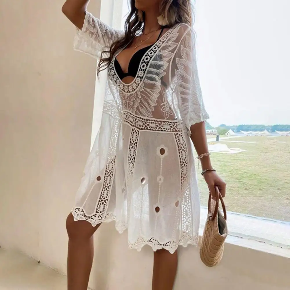 Bikini Cover-up Sunscreen Soft Sexy Beachdress Thin Half Sleeves See-through Lace Deep V Neck Wing Print Bikini Dress Beachwear