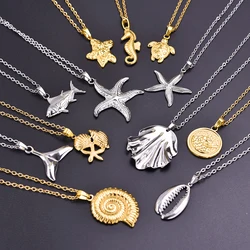 1Pc Stainless Steel Summer Marine Life Conch Shell Starfish Pendant Necklaces Seahorse Mermaid Tail Turtle Collar Hombre Jewelry