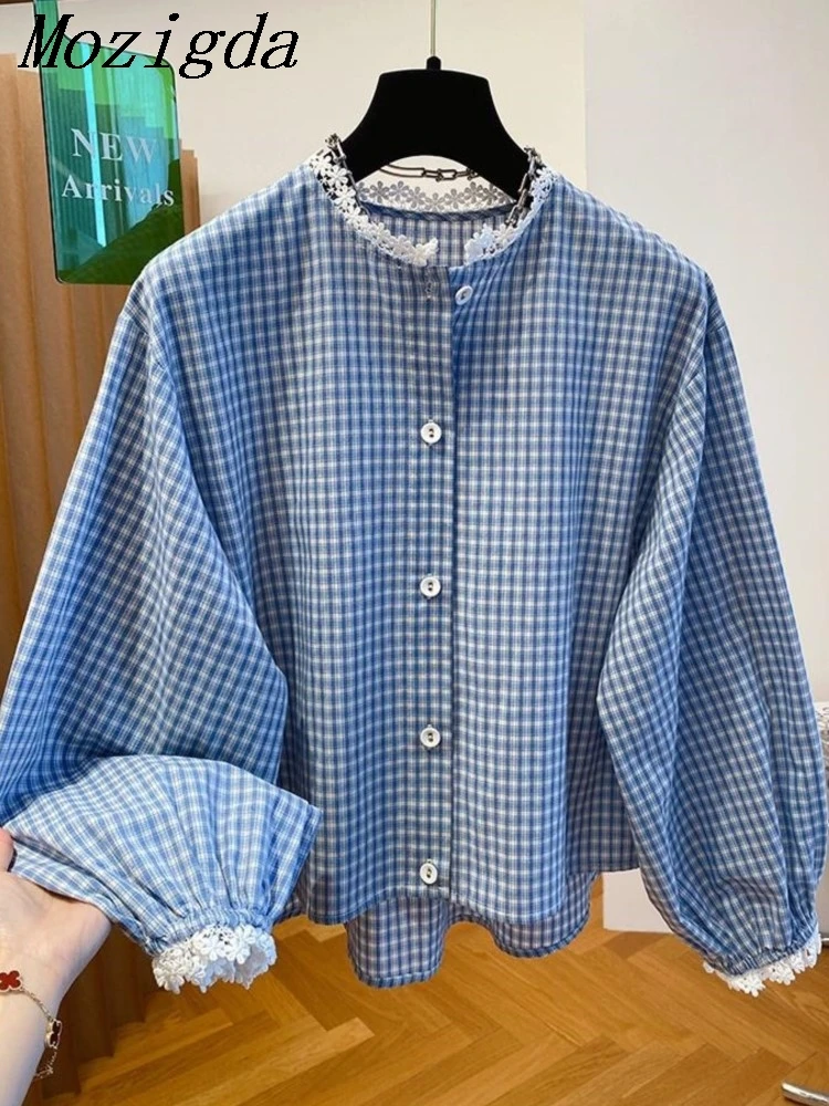 

New Round Neck Plaid Shirt Long Sleeve Charming Women Shirts Gentle Versatile Women Blouse