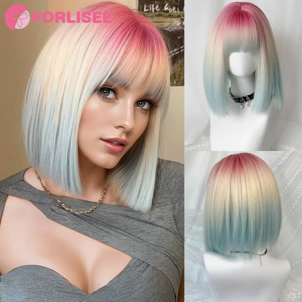 

Синтетический парик градиентного цвета радуги, прямой парик Боб с челкой для женщин, повседневные ролевые игры, вечерние, Хэллоуин, Рождественский парик LM