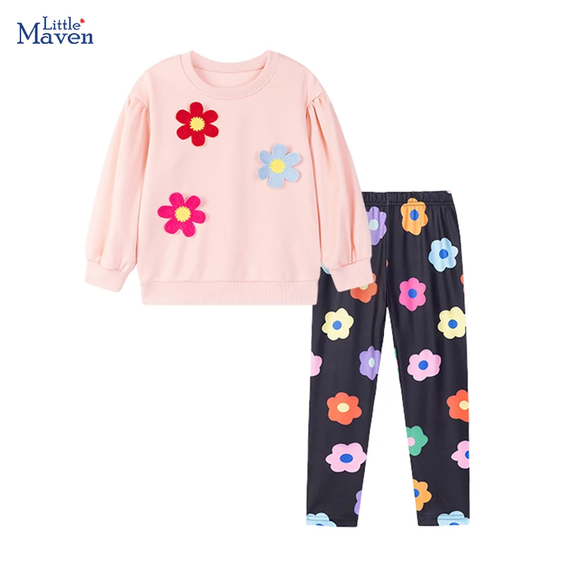 Little Maven Herbst Kleinkind Mädchen 2025, Frühling Kinder Kleidung Set Cartoon Blumen Outfits Kinder Kleidung Top + Hose Sets Geschenke