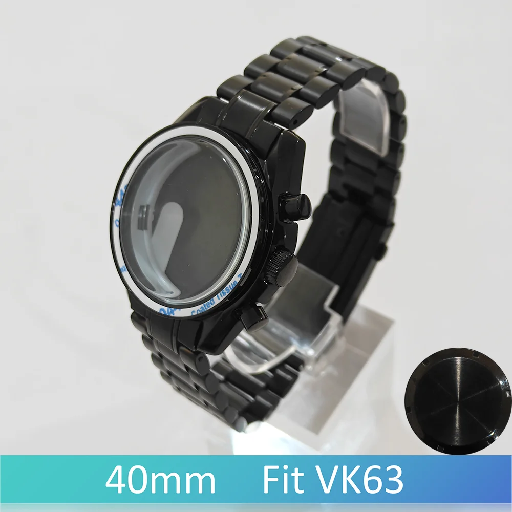 Fit VK63 Case 40mm Moon Watch 316L roestvrij staal Mineraalglas 20mm band Zilver/zwart Monteren de horloges Vervang onderdelen