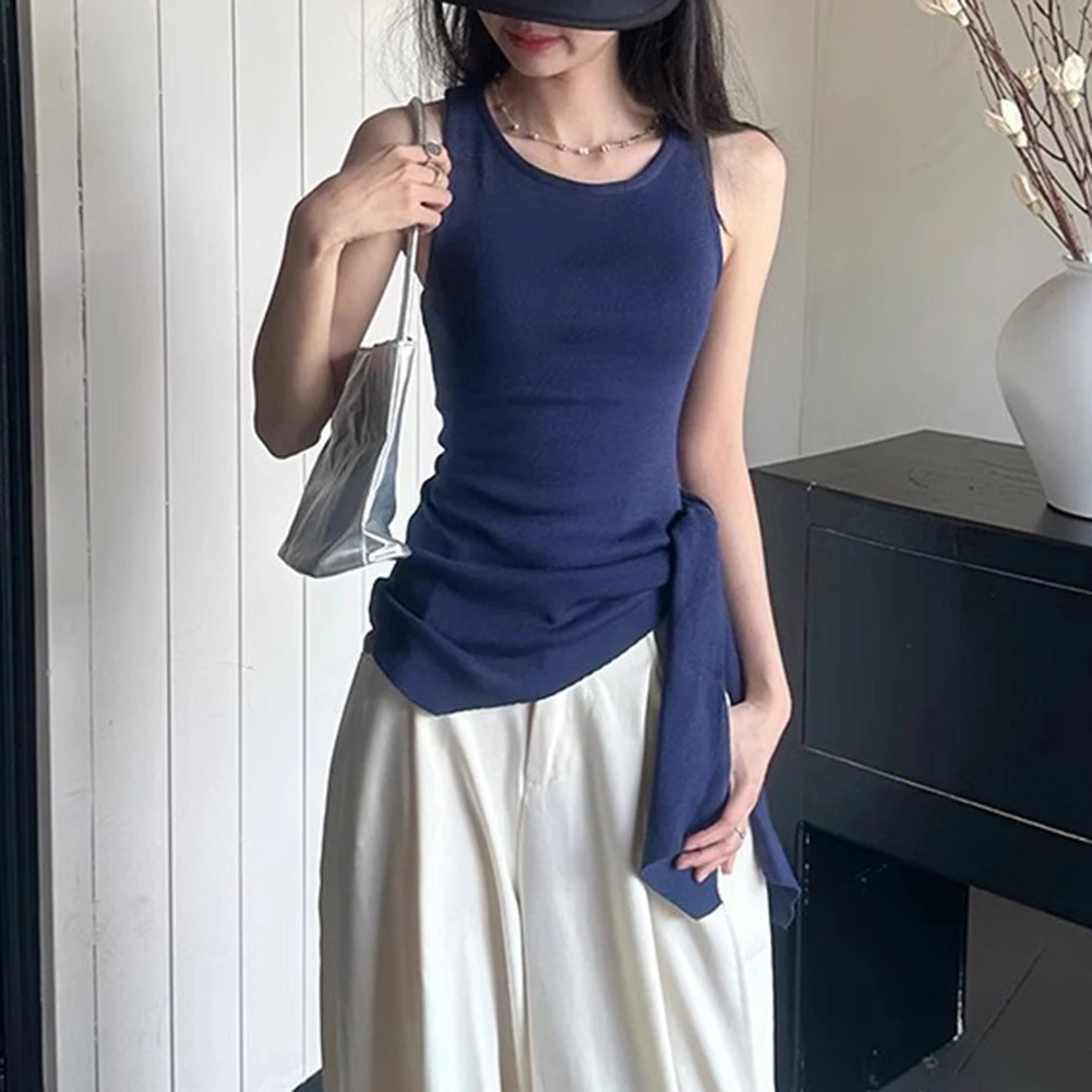 

Summer Top Knitted Vest Casual Outing Round Neck Design Sleevless Style Slight Stretch Material For Club Outing