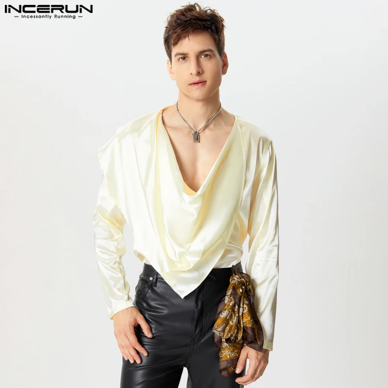 2024 INCERUN American Fashion Long Sleeve T-shirts Men Kink Design Solid Color T-shirts Heaps Collar Elegant Vintage Style Tees