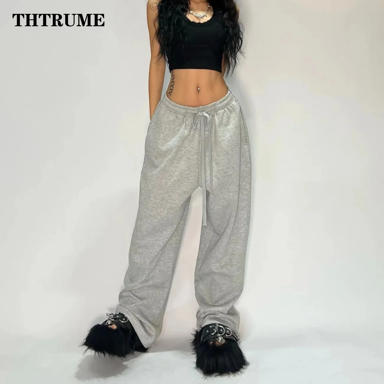 Casual Women Solid New Pant Fashion Summer Oversized Vintage Pocket Drawstring Wide Leg Pants Elegant Loose Baggy Chic Trousers - Image 2