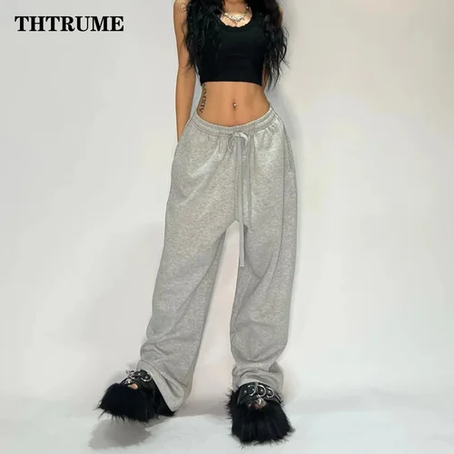 Imagen 2 del producto Pantalones informales lisos para mujer, moda de verano, pantalones de pierna ancha con cordón y bolsillo Vintage de gran tamaño, pantalones elegantes holgados y elegantes