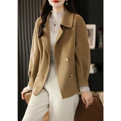 Women's Double-Sided Cashmere Coat, Korean Design Sense, Double-Breasted, High-End, Pure Wool, 2024, New