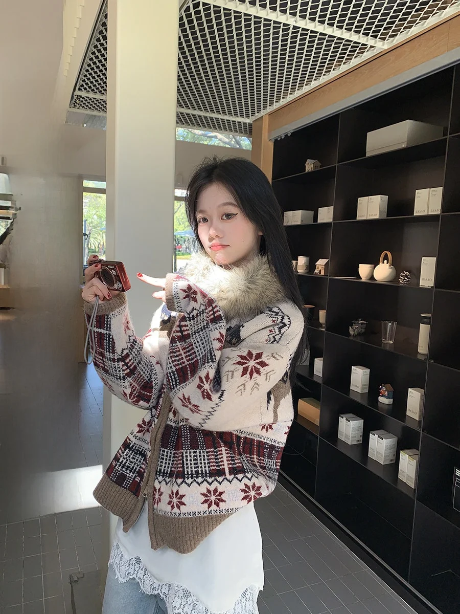 

Sinbounboun Тяжелый вязаный свитер, пальто, кардиган на молнии с мотивом Fair Isle, Cisas Aosphere, свободный крой для девочек, длинный све