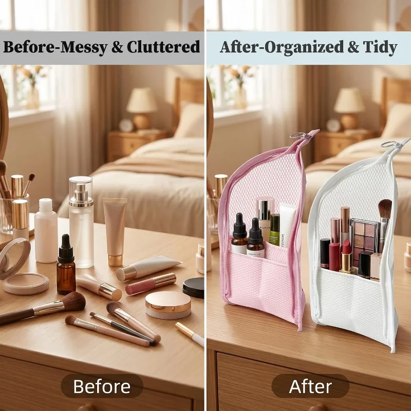Mesh Toiletry Bag Breathable Quick Dry Stand Up Vertical Toothbrush Holder Cosmetic Makeup Organizer for Travel Gym College Dorm view 3