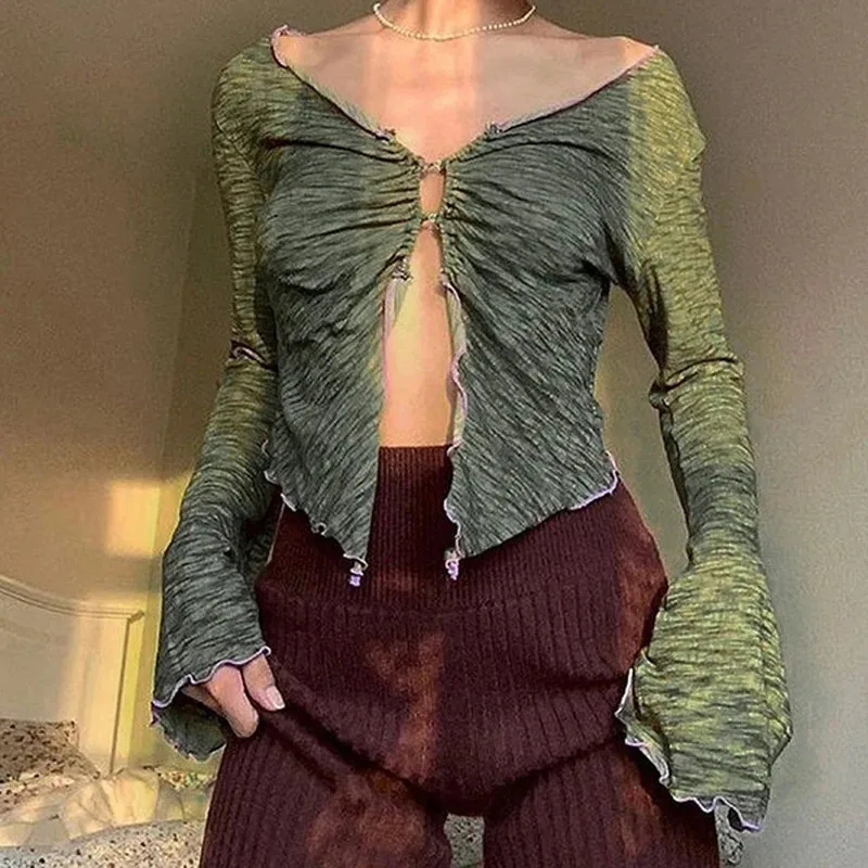 Y2K-Green V-Collar Shirt for Women, Horn Sleeve, Open-Sized Cut Blouse, Sexy Top, Aesthetic Wrinkle Button, Aesthetic, Y2K