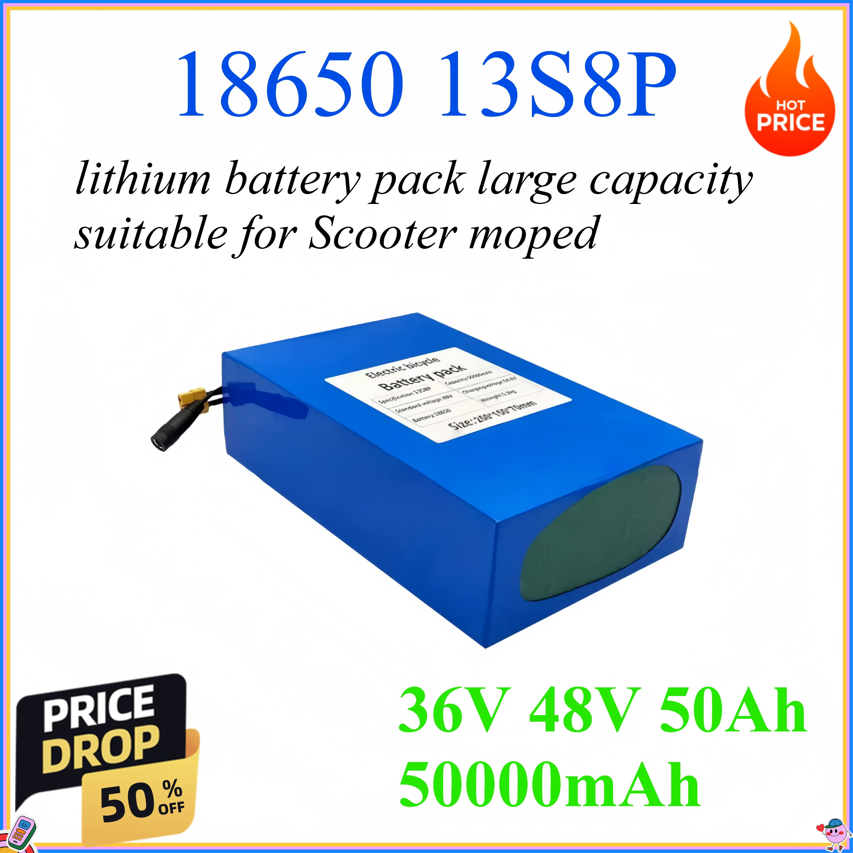 18650 13S8P 36V 48V 50Ah 50000mAh lithium battery pack large capacity suitable for Scooter moped