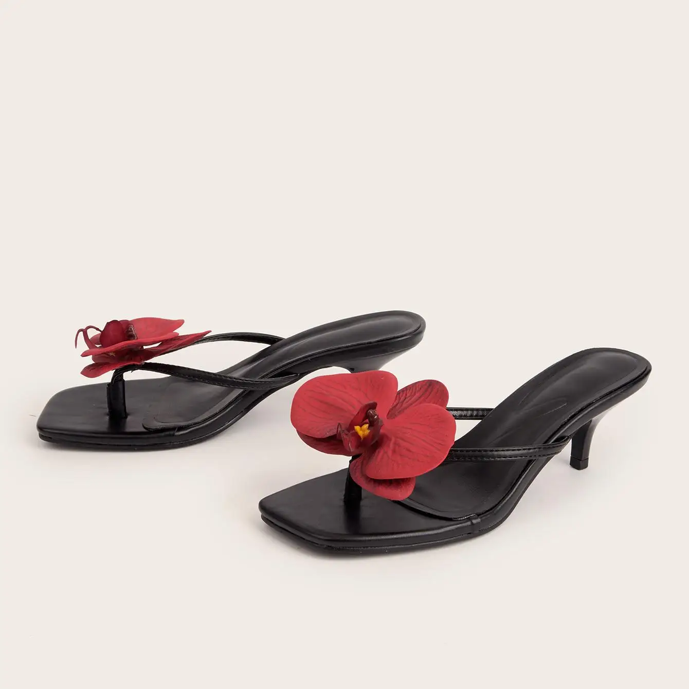 

Kitten Heels Elegant Party Shoes for Women Black Leather Red Flowers Big Size 11 Summer Beach Evening Luxury Sandals Women Heels