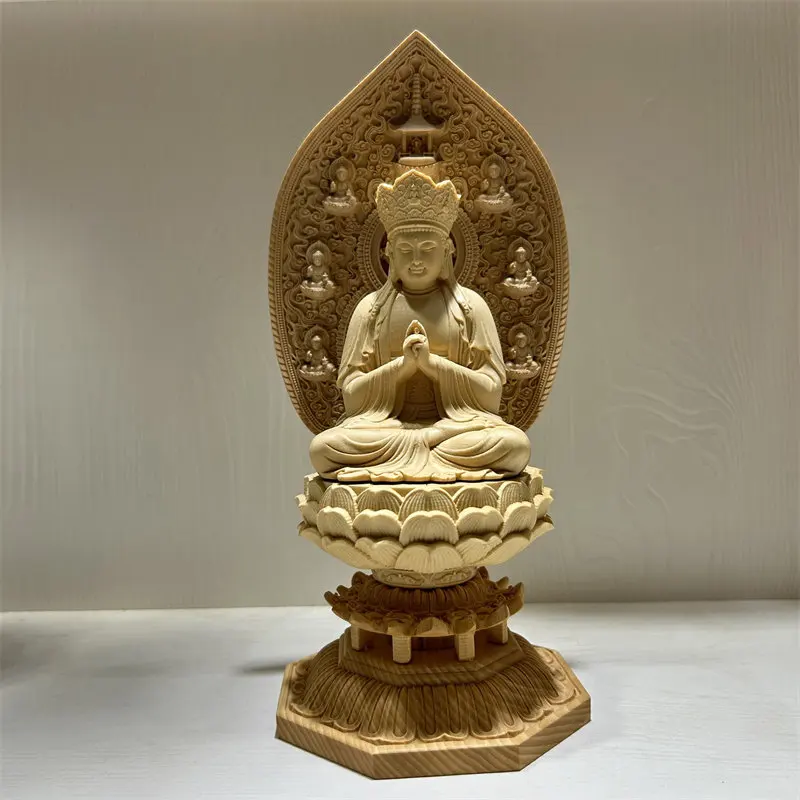 Cypress Crowned Guanyin Small Figurine Carved Bodhisattva Religious Sculpture for Temple Displays and Personal Altar Decoration