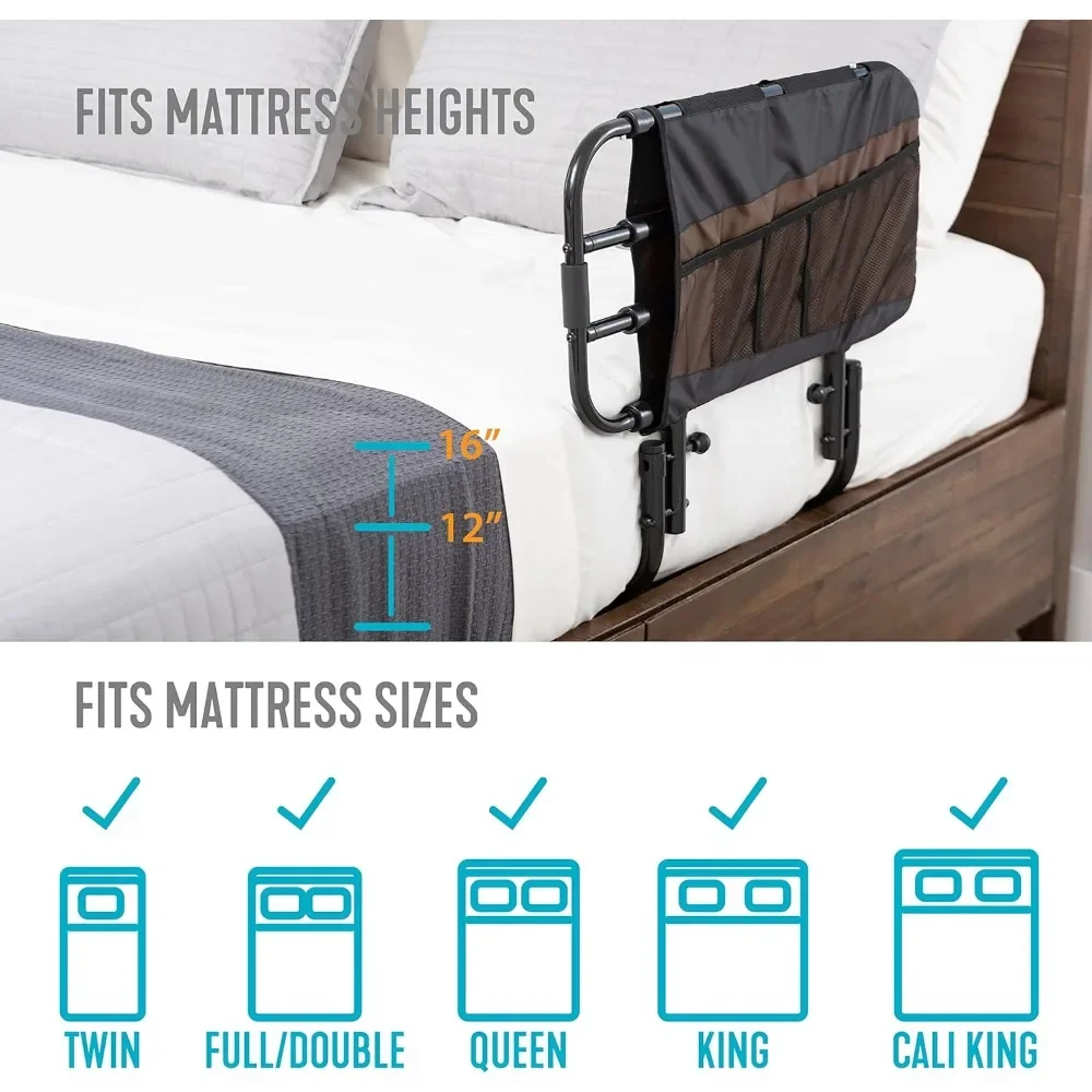 Stander EZ Adjust Bed Rail, trilho de cama sênior ajustável, Bed Assist Grab Bar para adultos idosos com bolsa organizadora, preto