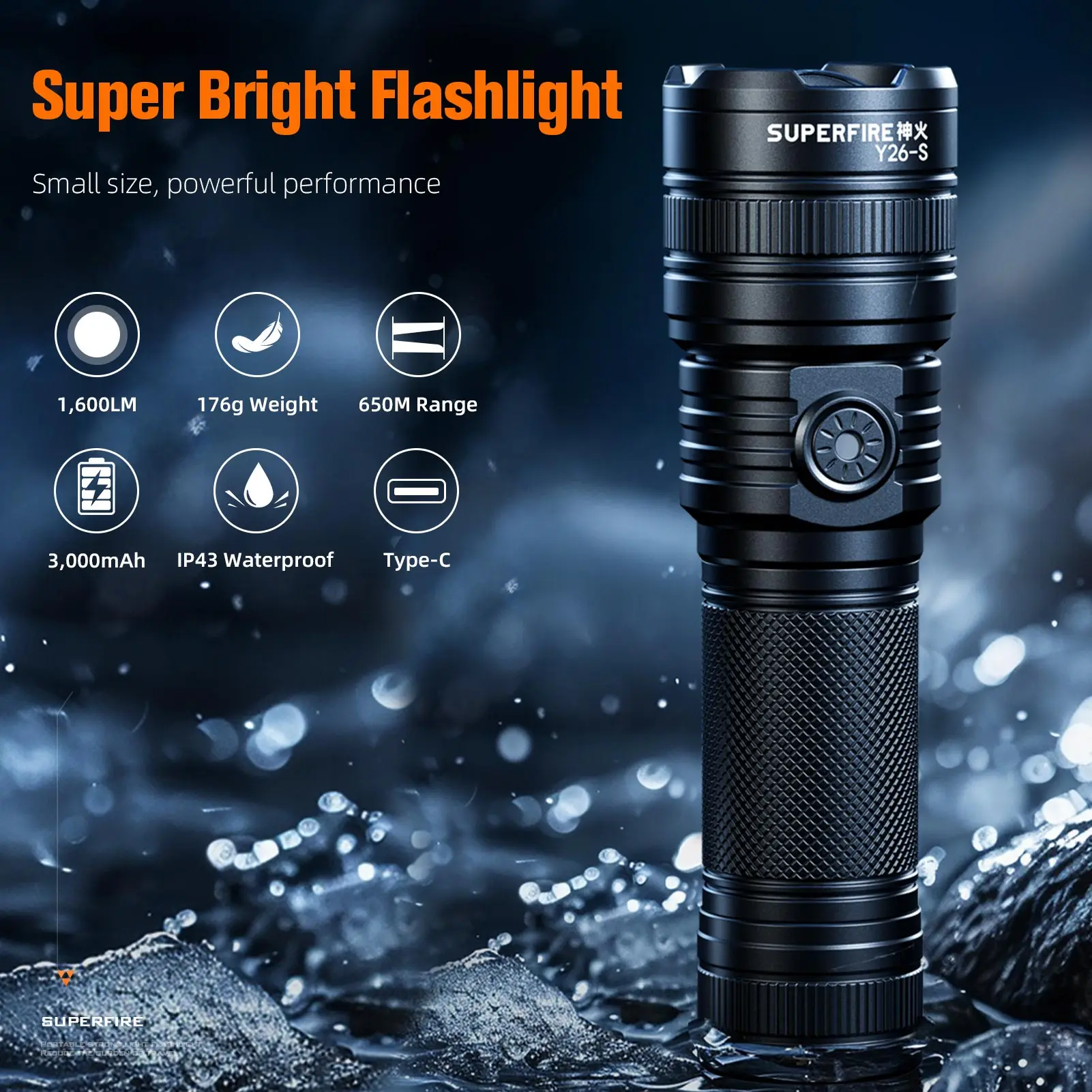 SUPERFIRE Y26-S Flashlight Yellow/White Light 15W High power led flashlight Zoom Torch 600M Portable rechargeable Type C Lantern