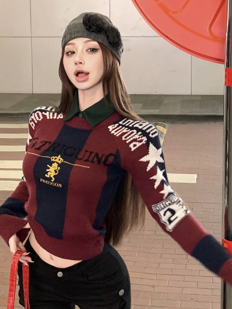 

Сексуальный облегающий вязаный свитер со съемным воротником и принтом, искусственный двухсекционный ретро-американский бейсбольный слэ для девочек