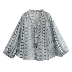 Taop&Za 2024 Summer New Women's Fashion and Casual Versatile V-neck Long Sleeve Lace up Printed Shirt