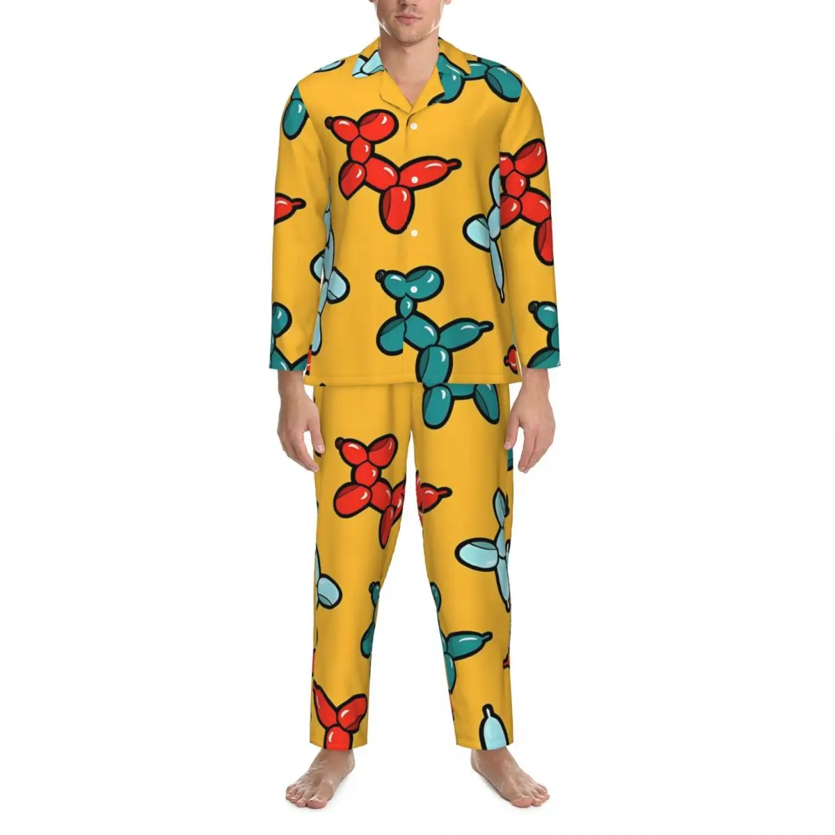 Ensemble de pyjama rétro animal coloré pour hommes, vêtements de nuit pour chiens ballon, manches longues, respirant, maison, imbibé, Kawaii, 2 pièces